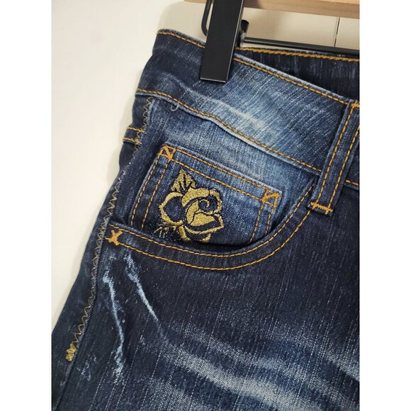 Southpole Womens Y2K Bootcut Jeans SZ 9 Blue Denim Gold Embroidered Rose Detail - Picture 5 of 12